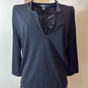 DKNY Black V-Neck 3/4 Length Sleeve Top